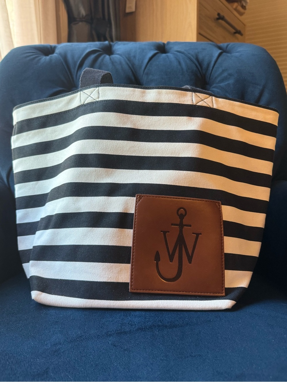 JW ANDERSON Dark Blue and White Striped Tote with Brown Leather Patch